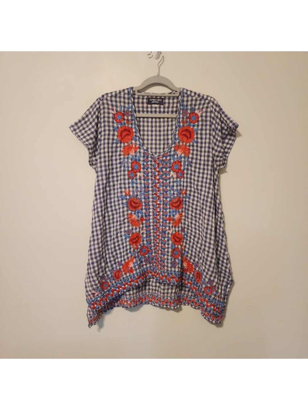 Vtg Johnny Was Workshop Blue Gingham Floral Embroidered Top Tunic sz M women